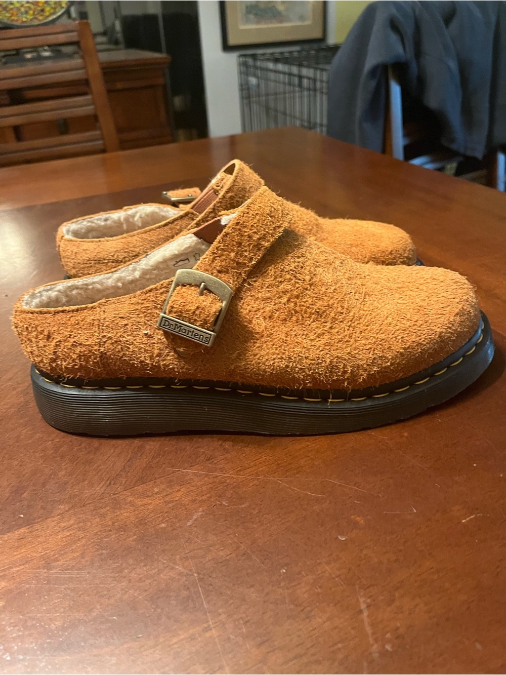 Dr. Martens Fuzzy Mule Clogs in Tan Suede with Black Sole